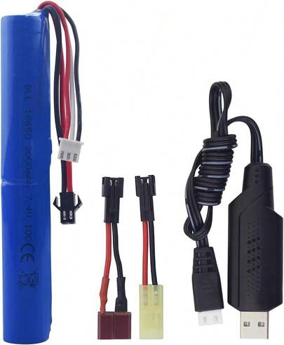 7.4V 2S 10C -2P Plug 3000mAh Battery And USB Charging Cable Suitable For MP5K M4 M110 SRB1200 SRB400 SRB400-SUB Air Gun Gel Water Droplet Explosion Toy Gun Remote Control Car