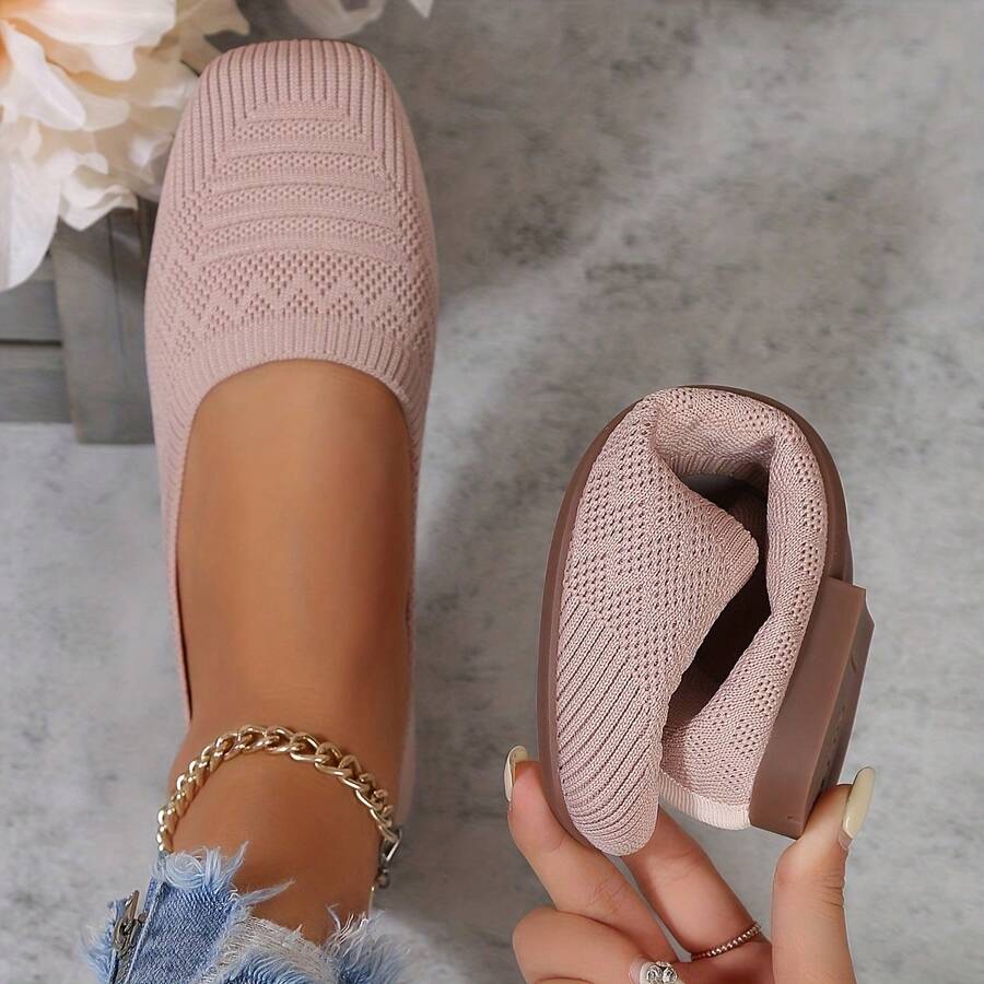 Women'S Black Woven Fabric Slip-On Flats - Casual Square Toe Shoes For Indoor & Outdoor Wear, All-Season Comfort With Rubber Sole, Breathable & Stylish Design - 藕色 - 查看 1
