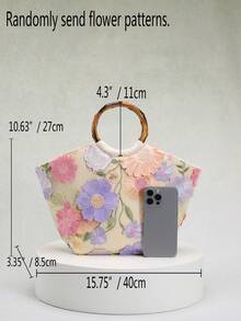 SCULPTEDSTYLE BAGS 1 件美人鱼亮片拼布网眼刺绣提花彩色花卉图案优雅亚麻手提包，闪亮复古竹柄夏季海滩旅行休闲手提包女士（花卉图案随机发送） - 彩色 - 查看 2