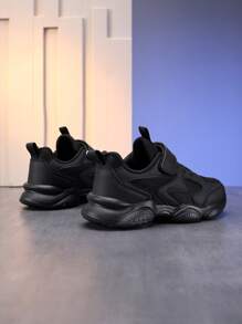 1 Pair Kids Black Mesh Breathable Running Shoes, Boys Girls Sports Shoes With Hook And Loop Fastener