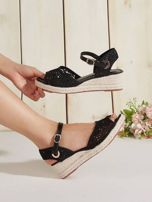 New Straw-Woven Platform Women Wedge Sandals, Soft Breathable Lace Open Toe Hollow Slip On, Comfortable Casual All-Match Slip-Resistant Durable Sole Summer Shoes