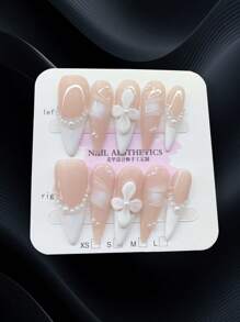 10 件套手工白色新娘婚礼按压指甲、3D 花朵凝胶手绘按压指甲、伴娘指甲套装、法式杏仁指甲、女士女孩日常佩戴的水晶指甲，配美甲工具、美甲用品 - 白色 - 查看 15