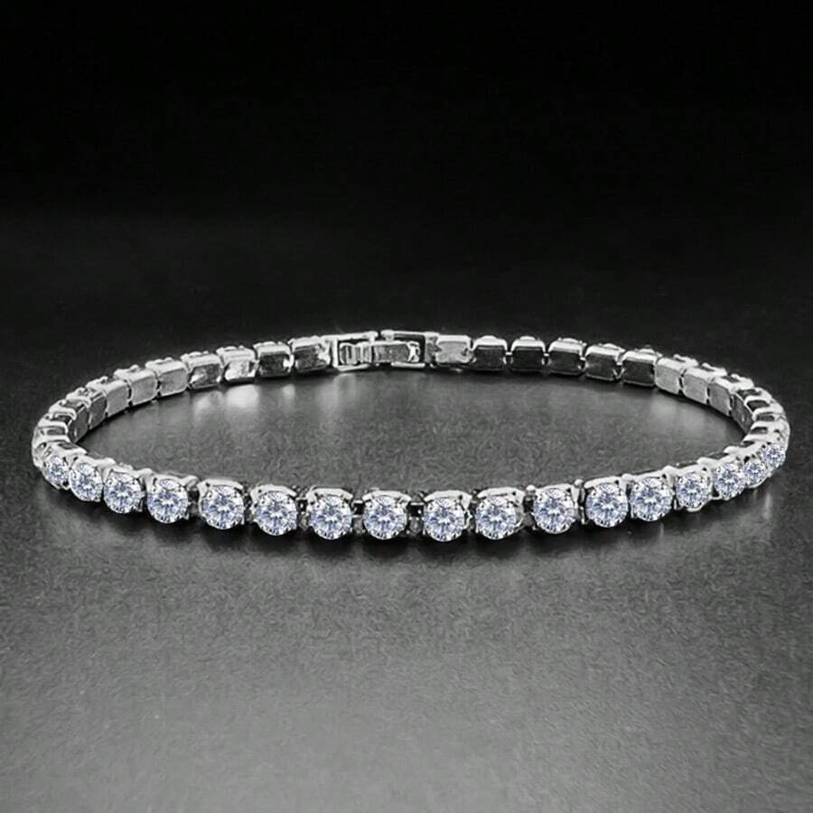 1 件单排 4 毫米方晶锆石网球链男女通用手链，嘻哈四爪莫桑石手链首饰 - 銀 - 查看 1