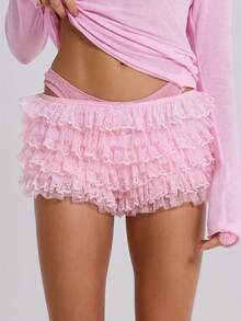 Women Lace Bloomers Shorts Casual Summer Layered Ruffles Elastic Short Pants For Vacation Beach Club Streetwear - Pink - View 1