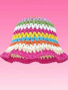 Women's 1pc Colorful Crochet Knit Bucket Hat, Bohemian & Casual Style, Straw Material, Foldable Sun Hat For Summer Beach & Easter, Retro Elegant Beach Hat For Women With High UV Protection, Multiple Colors Available,Vacation - Rainbow Multicolor - View 11