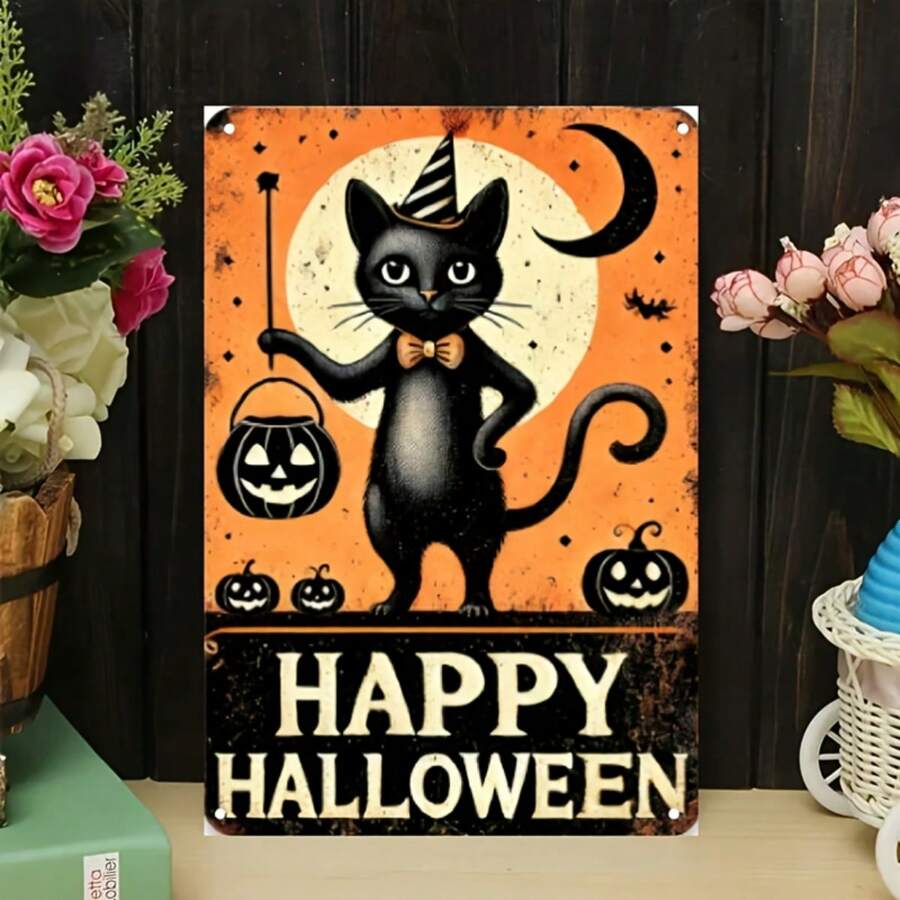 1 件 8x12 英寸万圣节金属墙饰标牌，复古“万圣节快乐”金属牌匾，带有有趣的黑猫、南瓜和蝙蝠图案，孔样式随机