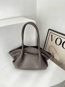 Bolsa de ombro feminina de cor sólida, 1 peça, moda retrô, grande capacidade, design com duas alças, fecho de pressão, adequada para viagens - Cinza - Ver 5