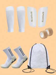5 pièces/set Kit d'équipement de football, comprenant des chaussettes de préhension en silicone pour le soccer, des protège-tibias, des équipements de protection, un sac à cordon et du ruban adhésif sportif - chaussettes en tube tricotées en polyester et spandex, couleur unie, lavage à la main et en machine.