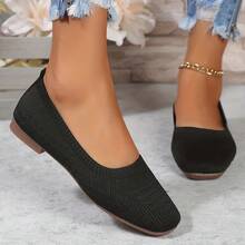 Women'S Black Woven Fabric Slip-On Flats - Casual Square Toe Shoes For Indoor & Outdoor Wear, All-Season Comfort With Rubber Sole, Breathable & Stylish Design - 黑色 - 查看 3
