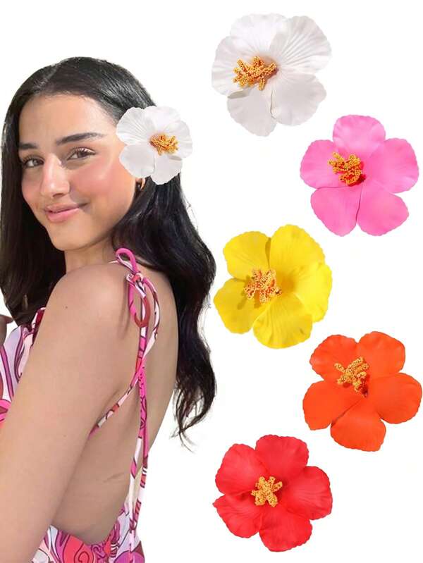 1pc Retro Hibiscus Flower Hair Clips For Women, Beach Holiday Style Hair Ribbon, Solid Color, Bohemian, Elegant PVC Hair Accessories, For All Seasons, Claw Clips, Hair Claws, Hair Slide, Hair Barrettes, School Stuff