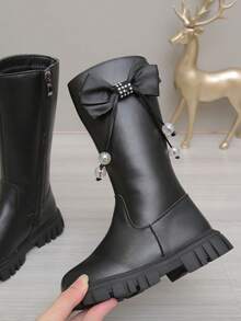 1 Paar Mädchen Schwarze Hohe Prinzessin Stiefel, einfarbiges weiches PU-Material, Seitlicher Quasten-Schleifen-Entwurf, Runde Zehenkappe Dicke Sohle, Thermofutter, Warm & Modisch Hohe Stiefel, Geeignet für Lässig, Feiertage, Party, Herbst/Winter