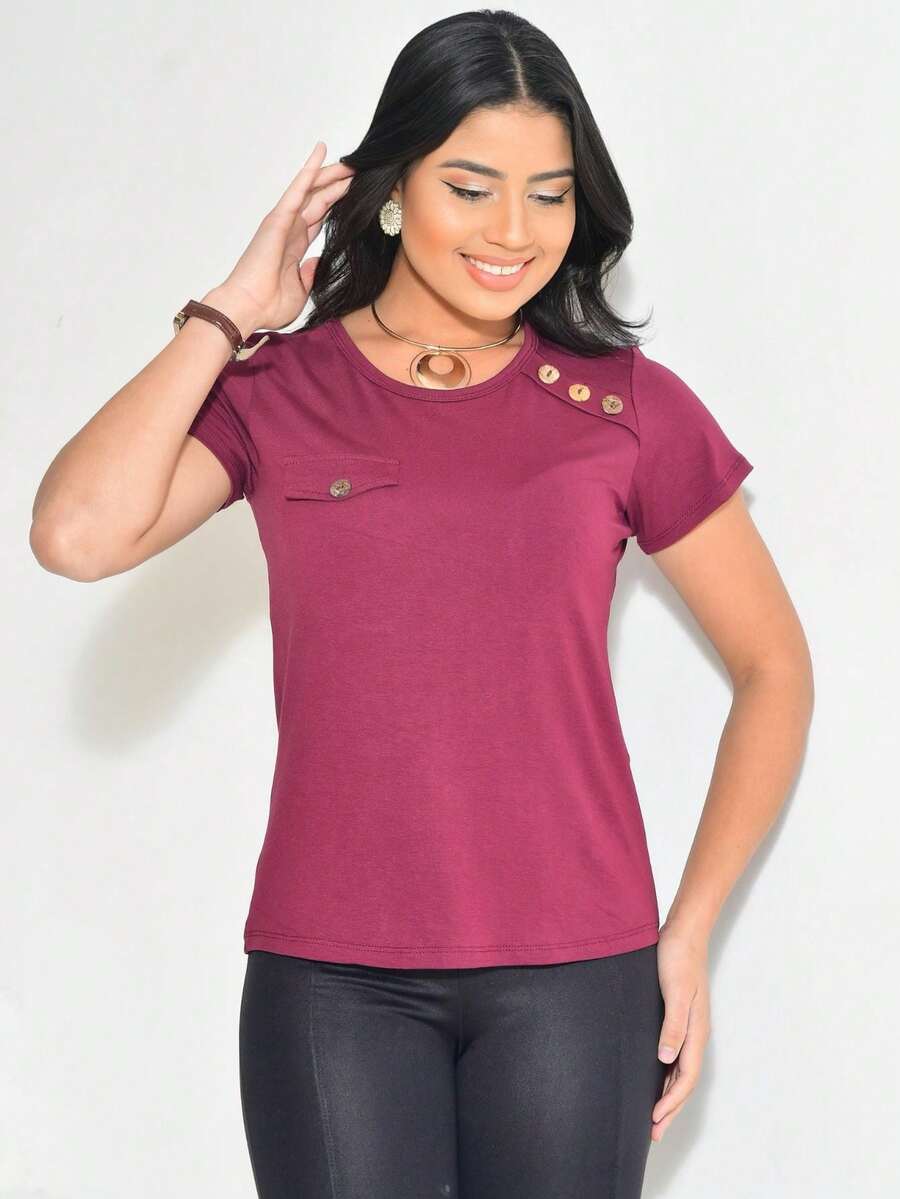 Basic Women's Blouse Summer Fashion - 酒紅色 - 查看 1