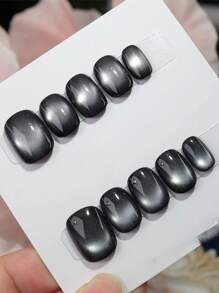 10 件奢华手工黑珍珠猫眼玻璃珠指甲贴，明亮别致的按压式指甲美甲用品 - 黑色 - 查看 12