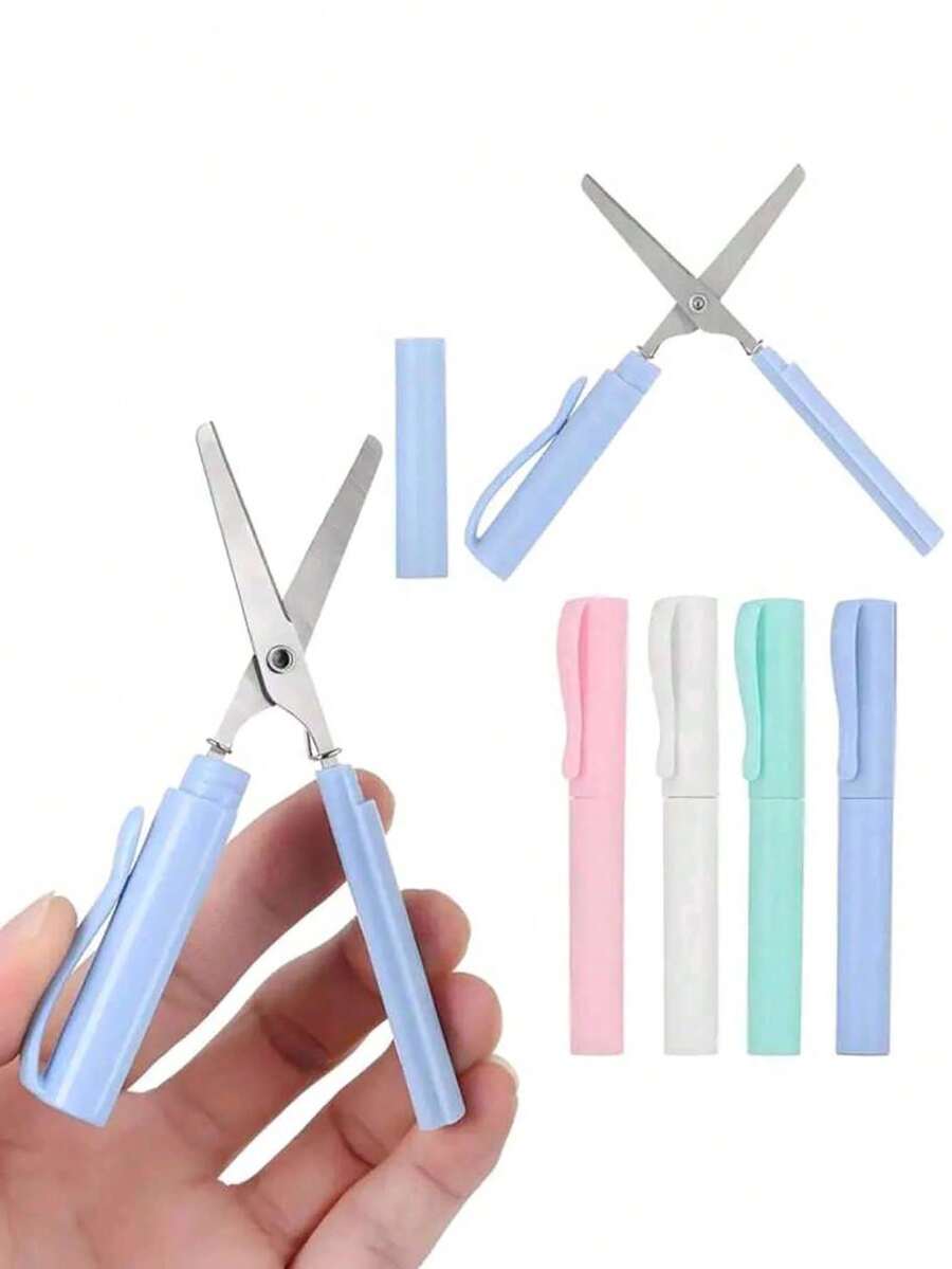 1pc,2 In 1 Foldable Scissors Creative Stationery Mini Folding Student Art Scissors Portable Scissors Blade Multifunction Stationery Office School,Compact Folding Scissors - Portable Pen-Style Design, Ideal For Students & Crafts, Available In Orange, Light Green, White, Pink, Blue - Multicolor - View 1