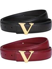 1/2件装女士腰带，简约镂空光滑扣腰带，韩版V字腰带，纯色 - 多色 - 查看 3