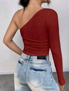 Women's Cropped Top T-Shirt Blouse With One-Shoulder Neckline Suplex Fabric Ideal For Going Out On Casual Romantic Elegant And Sophisticated Dates - 酒紅色 - 查看 2
