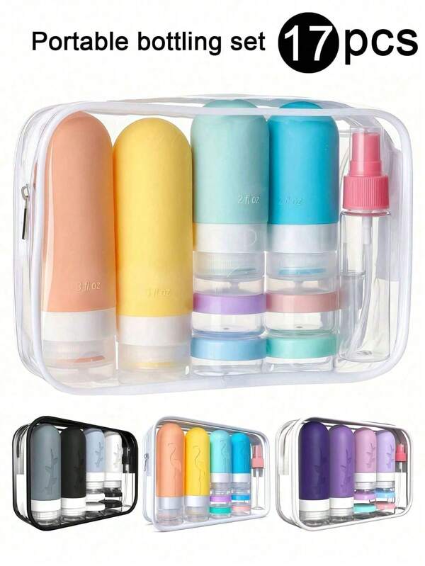 Travel Essentials 17pcs/Set, Silicone Travel Bottles For Toiletries, Leakproof Empty Refillable Liquid Container Travel Essentials For Cosmetics Shampoo Soap Conditioner Lotion Liquid, Travel Accessories With Portable Storage Bag Split Bottle Travel Spray Bottle Keychain Small Spray Bottle Very Suitable For Easter Gifts And Ramadan Gifts Cruise Essentials