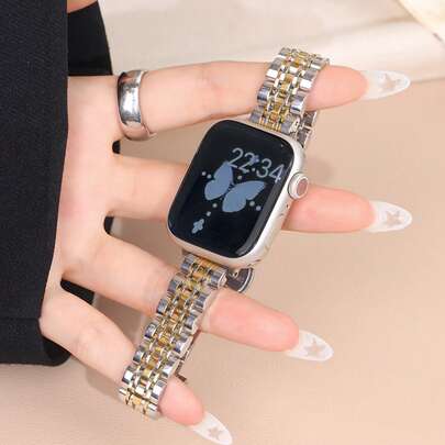1pc Narrow Silver & Gold Metallic Apple Watch Band For Women, Elegant And Fashionable Design, Suitable For Apple Watch Ultra 3/2/1 Series SE/S10/S9/S8/S7/S5/S4/S3 38/40/41/44/45/46/49mm, Removable 7-Link Metal Strap For Daily Wear, Party, Travel, Gift