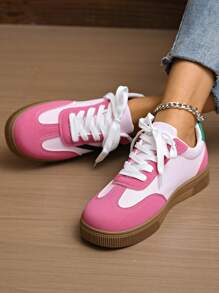 Women's Round Toe Lace-Up Classic Pink Chunky Sole Casual Sneakers, 2025 New Arrivals Campus Style Sporty Cute Pink Trainers, Fashionable & Versatile Anti-Slip Student Skate Shoes For Gym, Outdoor