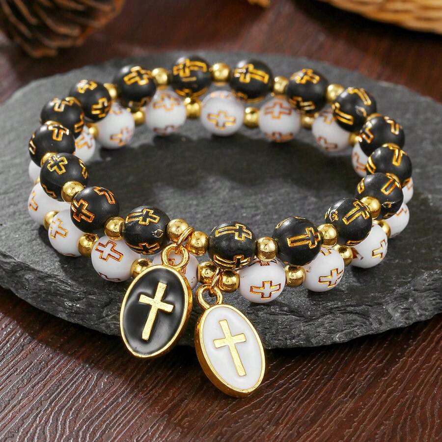 Bộ 2 vòng tay hạt thánh giá đen trắng, trang sức Kitô giáo phù hợp cho nam giới đeo hàng ngày hoặc đi nghỉ, làm quà tặng vòng tay đôi hoặc vòng tay tình bạn cho bạn bè - Nhiều màu - Xem 1