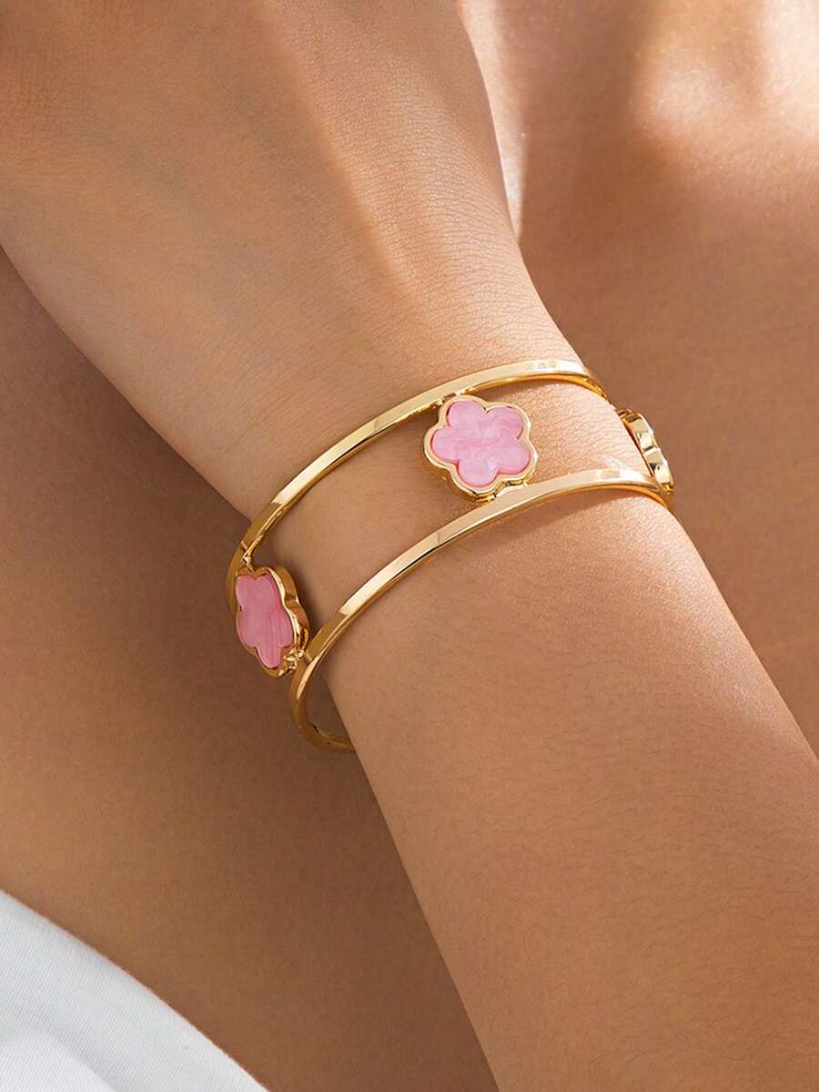 1pc Elegant Pink Lucky Clover Double Line Women's Open Bangle (Excluding Gift Box) - Pink - View 1