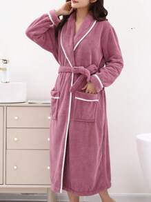 1pc Women's Striped Long Robe, Casual Loose Vintage Style Bathrobe, Suitable For All Seasons