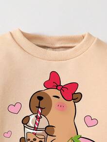 Tween Girls Cartoon Print Crew Neck Sweatshirt & Flare Pants Set - Khaki - View 3