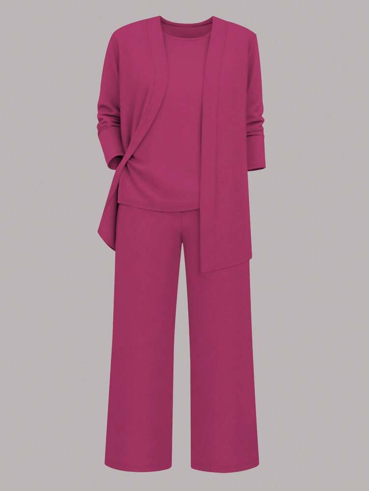 Conjunto de 3 piezas para mujer talla grande de estilo casual de unicolor: Chaqueta/Cárdigan + Top sin mangas de cuello redondo + Pantalones rectos de cintura elástica, tela suave y elástica, corte holgado, cómodo para ir al trabajo, elegante para primavera/otoño/invierno/verano - Rosa Fucsia - Añade 5