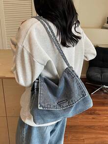 Winter New Fashion Classic Joker Solid Color Retro Wash Jeans Material Metal Chain Shoulder Bag Quilted Embroidery Thread Decoration Design Large-Capacity Shoulder Bag Suitable For Shopping And Outing. - Baby Blue - View 11