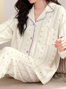 AICJ 2pcs Casual Loose Striped Print Long Sleeve Top And Pants Sleepwear Homewear Loungewear Set, Spring/Fall/Winter,Two Pieces Set