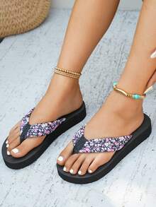 女士平底樱桃印花凉鞋，加厚鞋底纹理沙滩拖鞋，夏季 - 黑色 - 查看 3