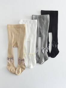4 Pairs Baby Girls Tight Leggings, Bow Decor Tights, Suitable For Newborns And Toddlers