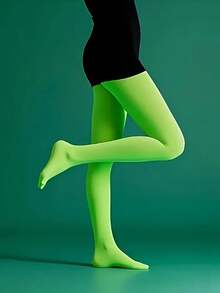 1 Pair Of Women's Spring And Summer Velvet Fluorescent Green Tights, Solid Color, Knitted Fabric, Suitable For Daily Casual Wear, Cozy - Green - View 3