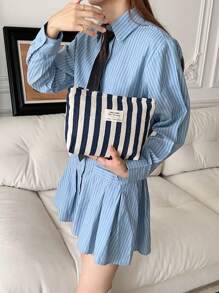 1 bolsa de maquillaje vertical de rayas frescas, bolsa de maquillaje minimalista de gran capacidad para llevar en la mano, bolsa de lona con cremallera y letras, bolsa de almacenamiento de maquillaje portátil, adecuada para viajes y uso diario