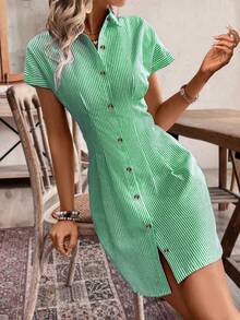 Women Elegant Striped Short Sleeve A-Line Shirt Dress, High Waist Button Casual Summer Office Dress, Light Color, Comfortable Polyester Fabric, French Style, Casual Shirt Dress, High Waist, Office Dress, Elegant Style, Four Seasons Solid Color Striped Casual Button Fabric With Pleated Decoration