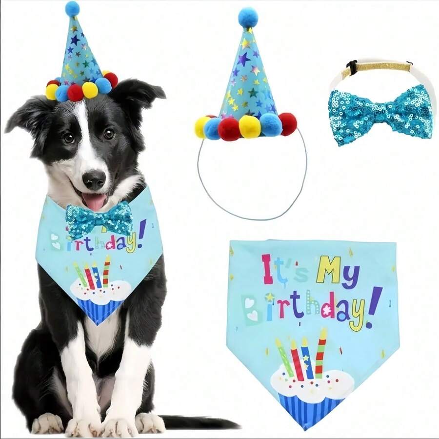 3 pezzi Cappello di compleanno per cani, decorazioni per feste di compleanno per cani, fascia per feste di compleanno per cani, articoli per feste di compleanno per cani, costumi da festa di compleanno per cani adatti per cani e gatti di piccola, media e grande taglia, decorazioni per feste per cani