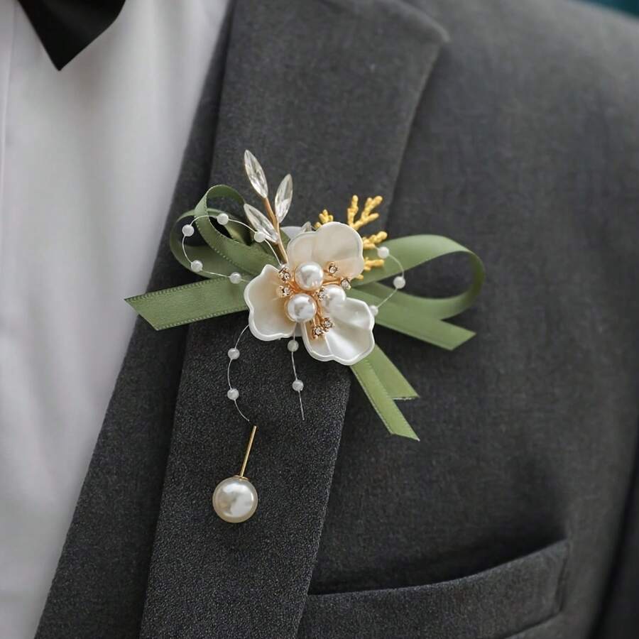 1pc White Triangle Leaf With Green Ribbon High-End Corsage Suitable For Evening Banquets, Proms, Wine Banquets, Anniversary Events, Party Decorations - 綠色 - 查看 1