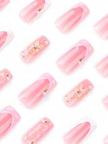 24pcs French White Fake Nails French Pink Nails Press On 3D Floral Press On Nails Long Medium Press On Nails Square Shape Nails Art Manicure Set Includes 1sheet Adhesive Tabs & 1pc Mini File Perfect For Everyday Wvear