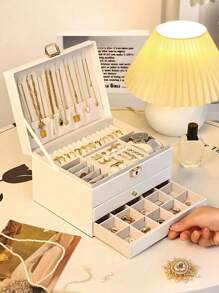 1 pieza Joyero de tres capas de gran capacidad, joyero multifunción de piel sintética (PU), joyero de tres capas con cerradura, joyero portátil, caja de almacenamiento para anillos, aretes y collares, caja de almacenamiento de joyería para tocador con cajón