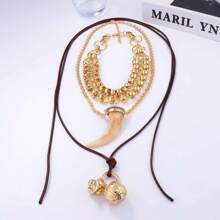 Vintage Double-Layer Chain Rope Charm Wolf Tooth Multiple Pendant Necklace For Women Boho Fashion Neck Accessories