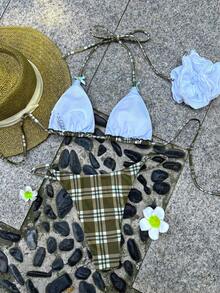 全新 2 件套女士泳衣比基尼套装，时尚露背碎花金属装饰比基尼