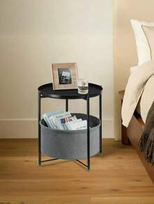 Scandinavian Round End Table With Fabric Basket | Multi-Use Sofa/Bedside/Coffee Table | No-Tool Assembly & Foldable Design | Stylish Storage For Living Room, Bedroom & Office.