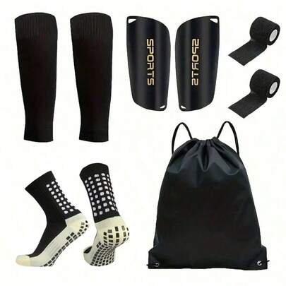 5件套足球运动装备套装，包括硅胶防滑足球袜、护腿板、护具、抽绳背包和运动胶带 - 涤纶和氨纶针织筒袜，纯色，可手洗和机洗