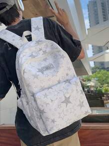 Large Capacity Water Resistant Reflective Star Print Multi-Pocket Functional Backpack, Unisex Casual College Style Student Backpack For School, Study, Shopping, Travel, Back To School Season