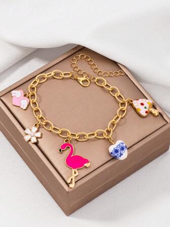 1 件女士金色蘑菇、心形和花朵吊坠粗链手链，欧美时尚甜美风格