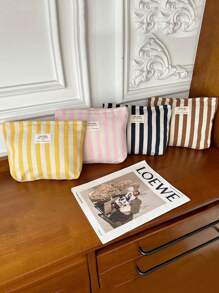 1 bolsa de maquillaje vertical de rayas frescas, bolsa de maquillaje minimalista de gran capacidad para llevar en la mano, bolsa de lona con cremallera y letras, bolsa de almacenamiento de maquillaje portátil, adecuada para viajes y uso diario
