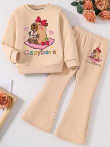 Tween Girls Cartoon Print Crew Neck Sweatshirt & Flare Pants Set - Khaki - View 1