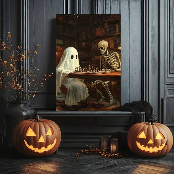 1 Piece,Ghosts And Skeletons Are Playing Chess,Halloween Modern Frameless Art Decoration Painting, Printed Posters Mural, Waterproof Canvas,Suitable For Home, Office, Bedroom, Living Room, Study, Bathroom, Bar, Wall Arts And Home Decoration, Is An Ideal Holiday Gift Halloween Decor Fall Decor Room Decor