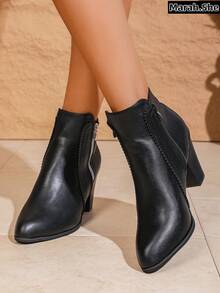 PWIIMG Women's Fashionable Black High Heel Ankle Boots, Double Zipper Design, Lace Trim Solid Color High Heels, Motorcycle Boots In Retro British Style, Chunky Heel Comfortable Material Ankle Boots, Autumn/Winter Cool High Heel Boots, Lace Trim, Cone Heel Boots, Black Boots,Boots For Women - Black - View 8