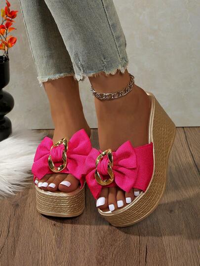 Elegant Bow Tie Women's Shoes, Summer Platform Sandals, Thick Sole Wedge Slippers, Suitable For Party And Vacation, High Heel Mules, Lightweight Thick Sole Summer Wedge Sandals, Open Toe & Heel, Plus Size, Sweet & Cute Wedge Sandals, Versatile Watermelon Pink Wedge Sandals, Fuchsia